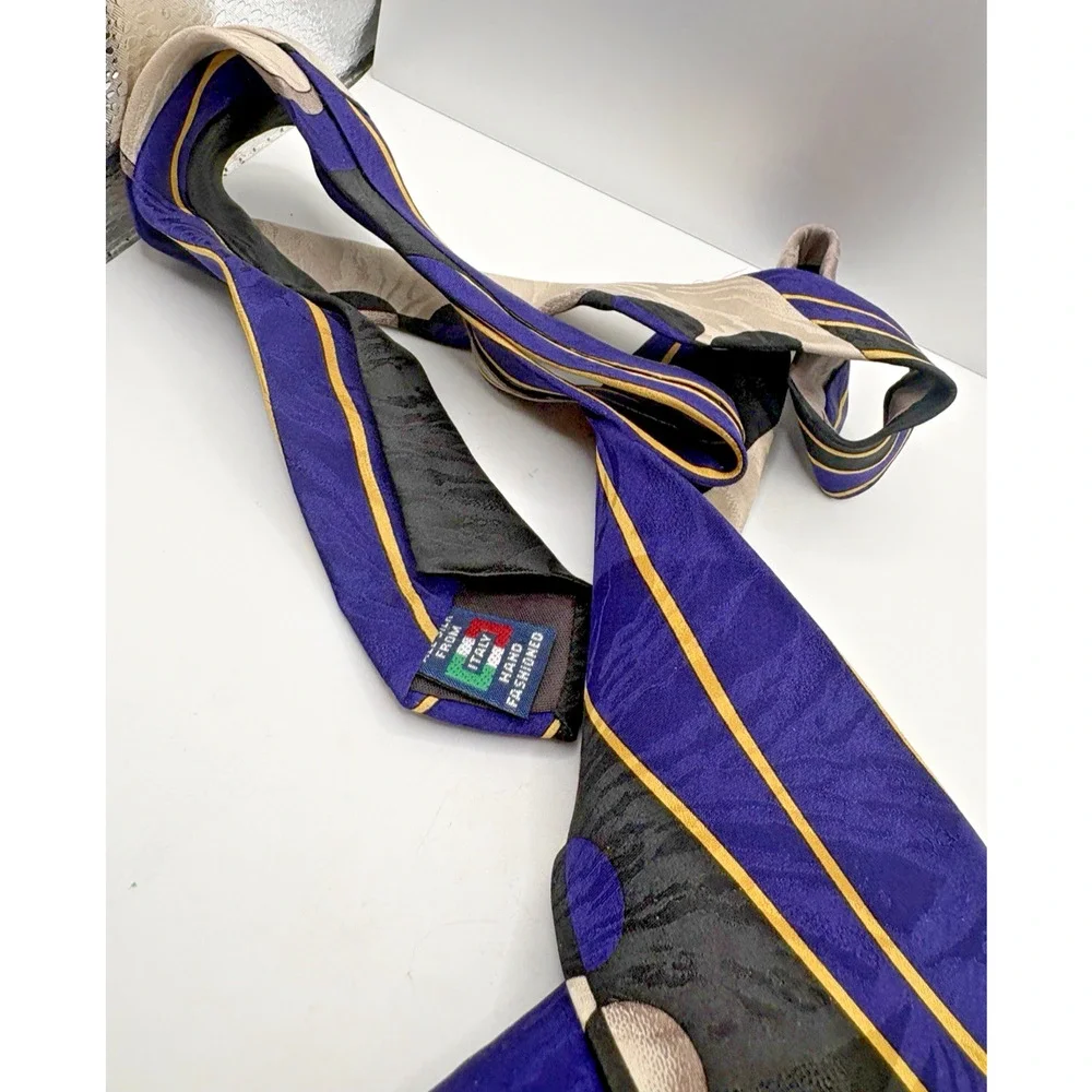 Valentino Cravatte Silk Tie Handmade in Italy Purple Black Gold Abstract Vintage